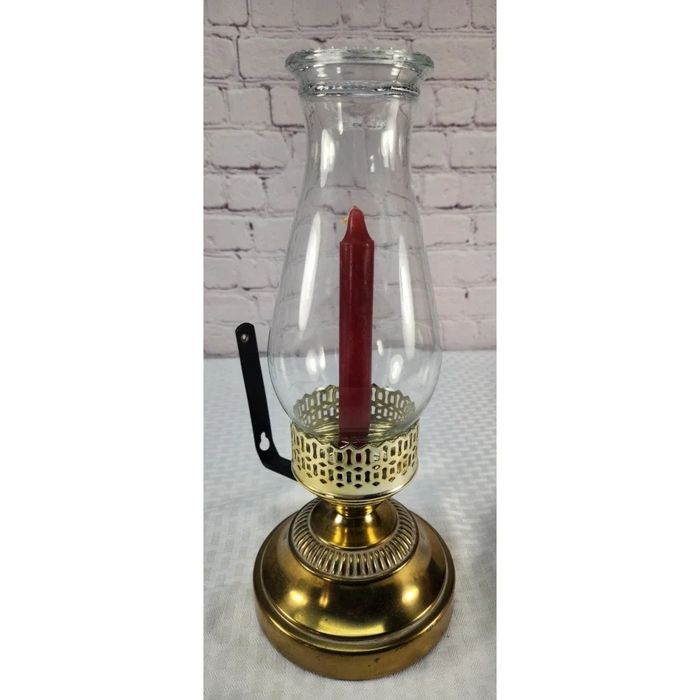 Vintage Brass‎ Wall Mount Hurricane Sconce Candle Lamp 1930s